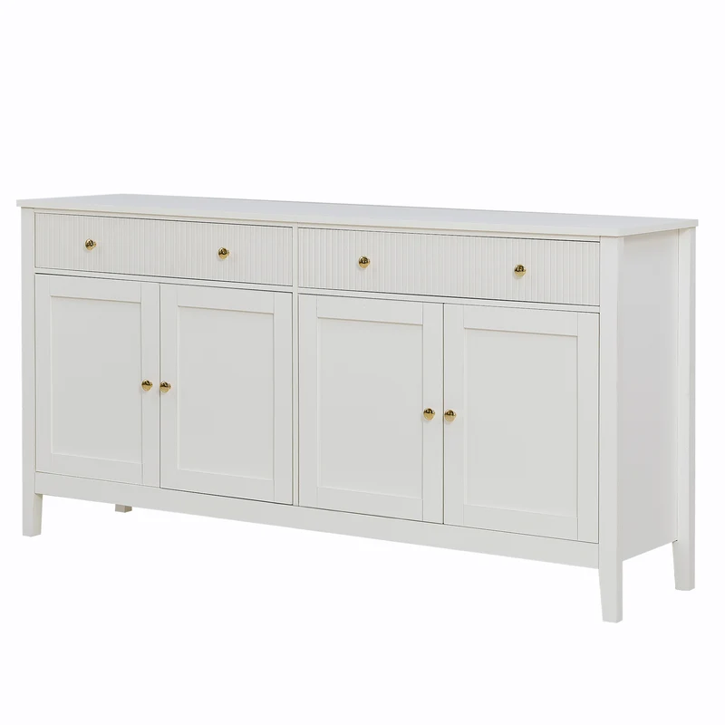 Buffet blanc 2 tiroirs à façades rainurées, 4 portes et poignées dorées 160x40x82cm CLASSICBARSET