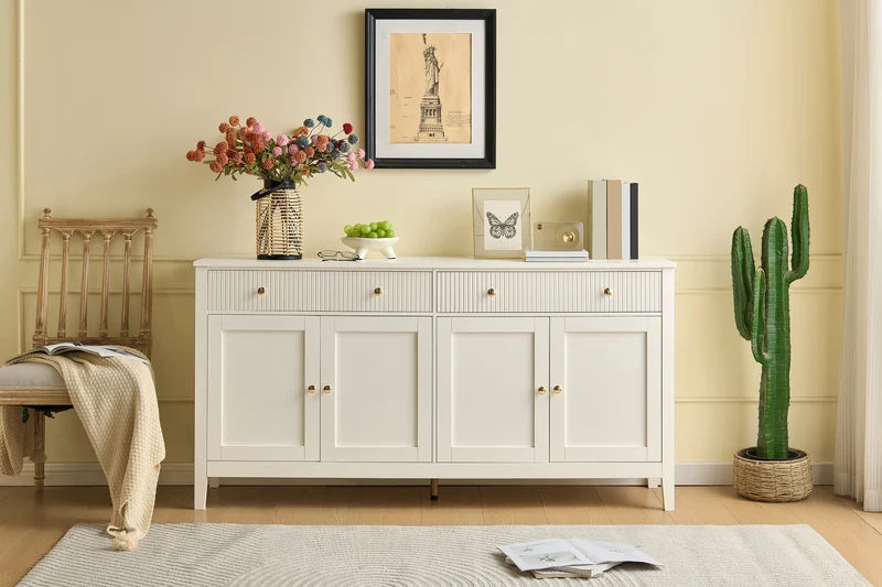 Buffet blanc 2 tiroirs à façades rainurées, 4 portes et poignées dorées 160x40x82cm CLASSICBARSET