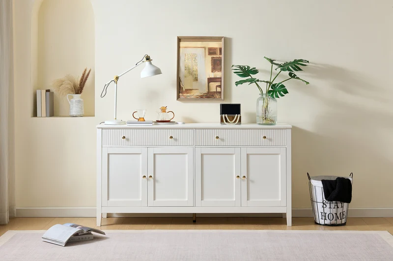 Buffet blanc 2 tiroirs à façades rainurées, 4 portes et poignées dorées 160x40x82cm CLASSICBARSET