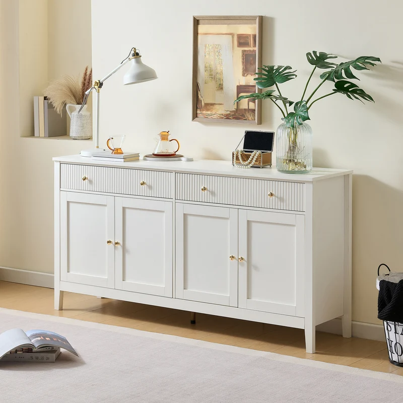 Buffet blanc 2 tiroirs à façades rainurées, 4 portes et poignées dorées 160x40x82cm CLASSICBARSET
