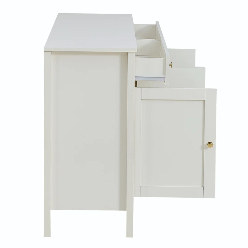Buffet blanc 2 tiroirs à façades rainurées, 4 portes et poignées dorées 160x40x82cm CLASSICBARSET