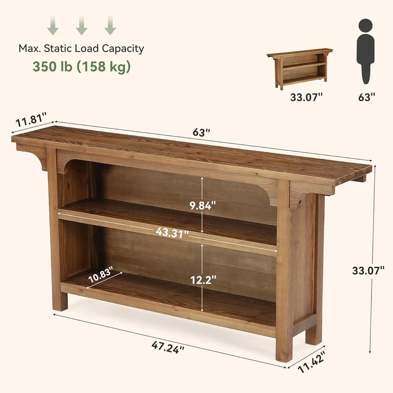 Console de 160 cm, Table basse étroite à 3 niveaux avec étagères de rangement pour l'entrée