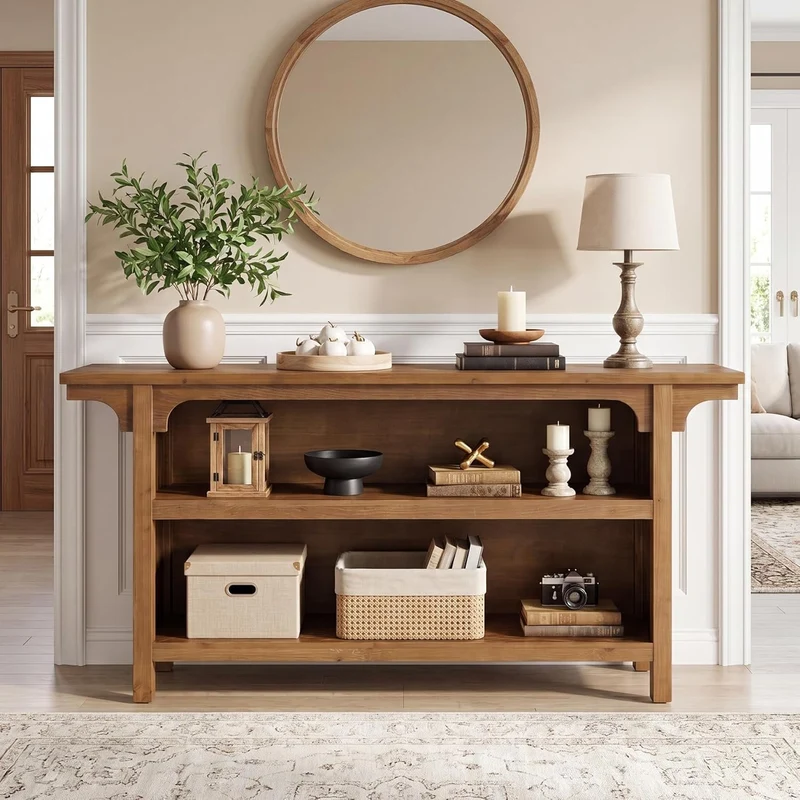 Console de 160 cm, Table basse étroite à 3 niveaux avec étagères de rangement pour l'entrée