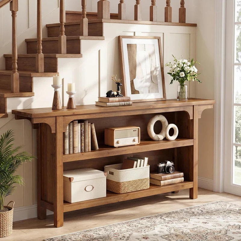 Console de 160 cm, Table basse étroite à 3 niveaux avec étagères de rangement pour l'entrée