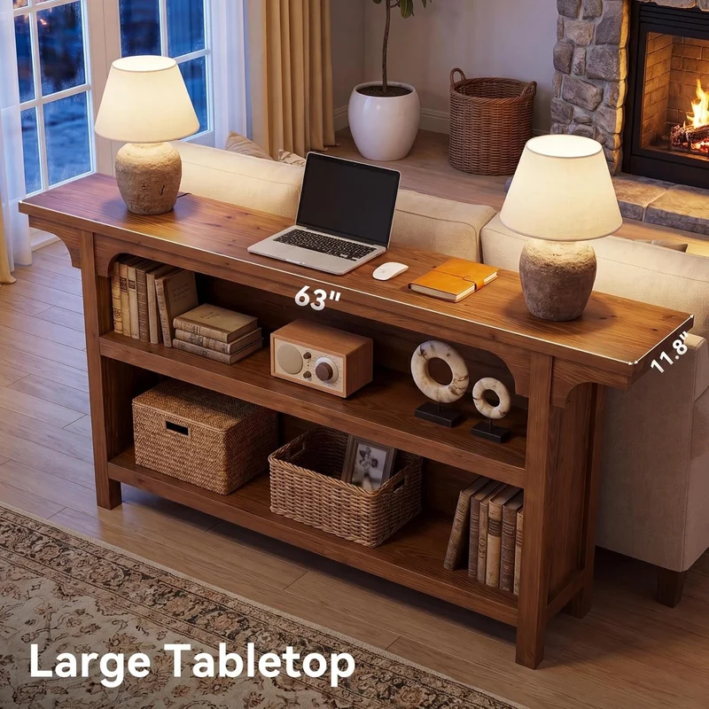 Console de 160 cm, Table basse étroite à 3 niveaux avec étagères de rangement pour l'entrée