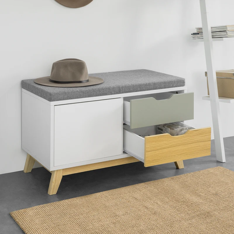 SoBuy FSR92-W Banc à Chaussures avec Coussin Rembourré, 2 Tiroirs et 1 Porte pour Entrée – 80x38x51 cm, Blanc