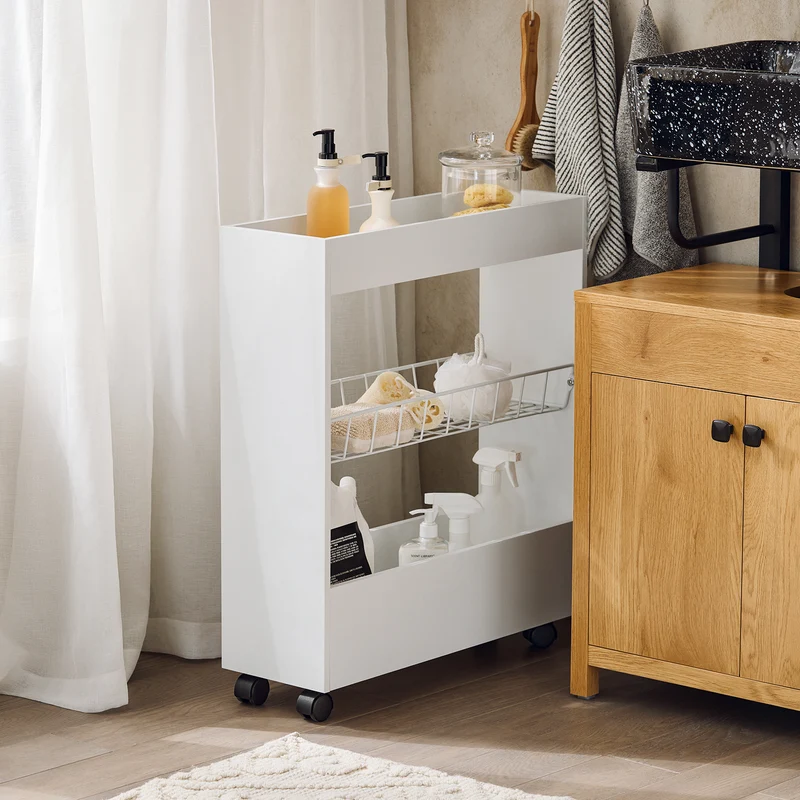 SoBuy BZR46-W Chariot de Rangement Mobile sur 3 Niveaux Étagère de Niche à Roulettes en Bois et métal