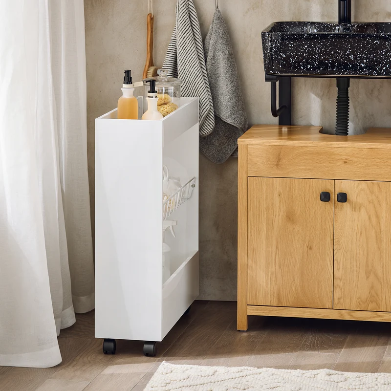 SoBuy BZR46-W Chariot de Rangement Mobile sur 3 Niveaux Étagère de Niche à Roulettes en Bois et métal