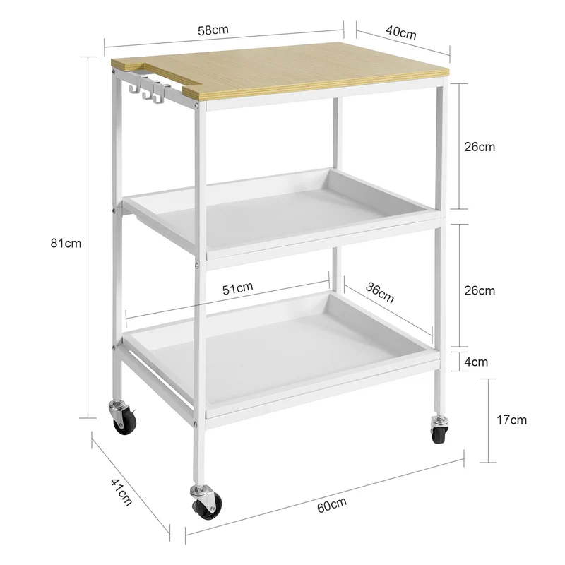 SoBuy SVW13-W Chariot de Rangement à l'île de Cuisine avec 2 Plateaux Amovibles et 3 Crochets
