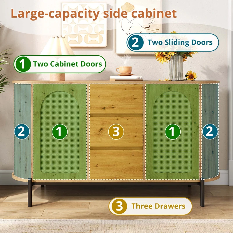 Buffet effet bois 2 portes en rotin et 3 tiroirs 140x 38x77,5cm BIRCHONE