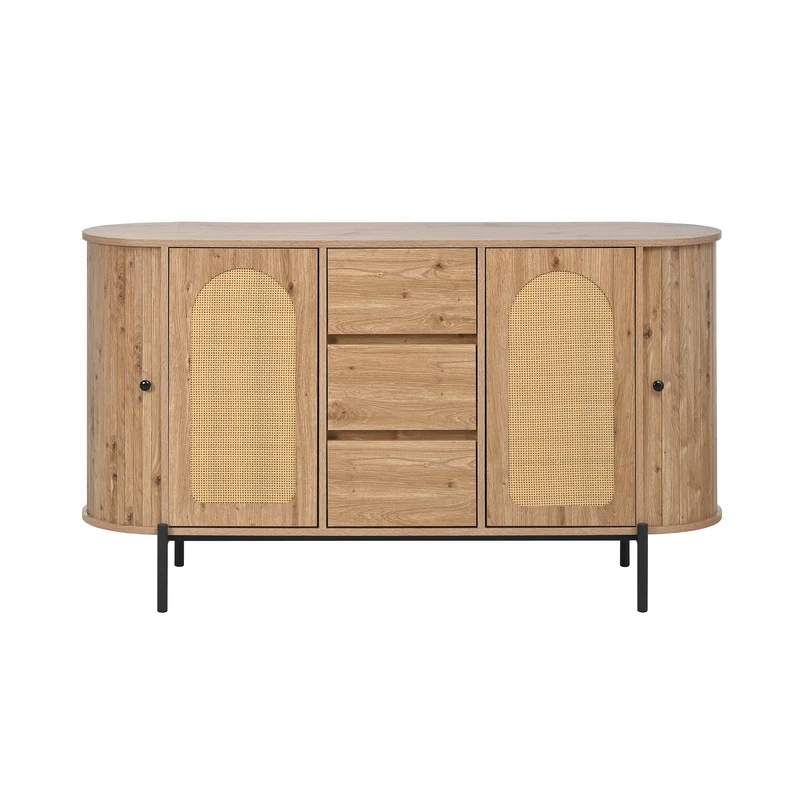 Buffet effet bois 2 portes en rotin et 3 tiroirs 140x 38x77,5cm BIRCHONE