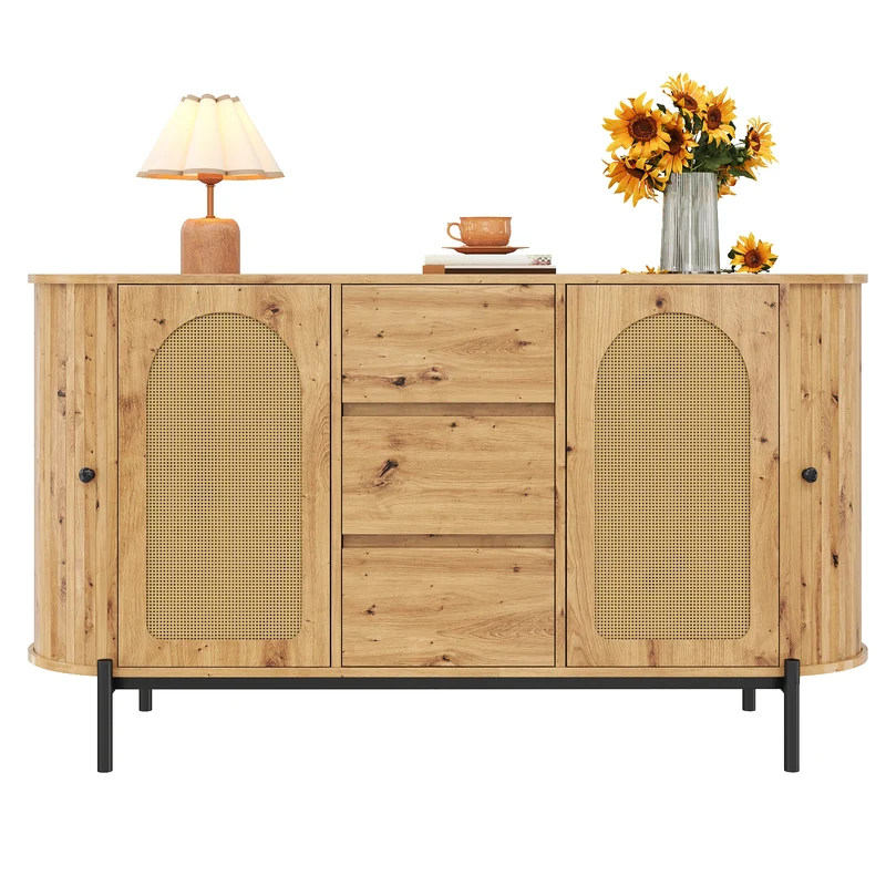 Buffet effet bois 2 portes en rotin et 3 tiroirs 140x 38x77,5cm BIRCHONE