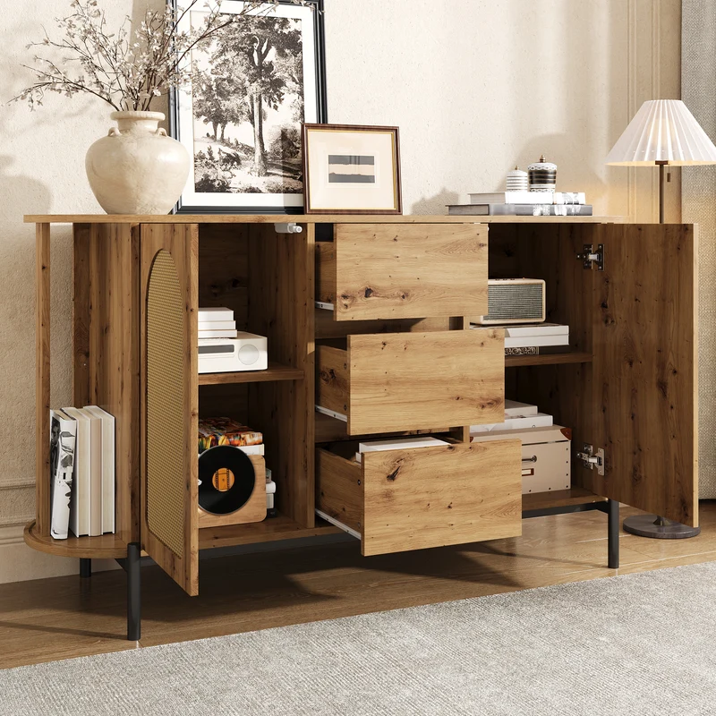 Buffet effet bois 2 portes en rotin et 3 tiroirs 140x 38x77,5cm BIRCHONE