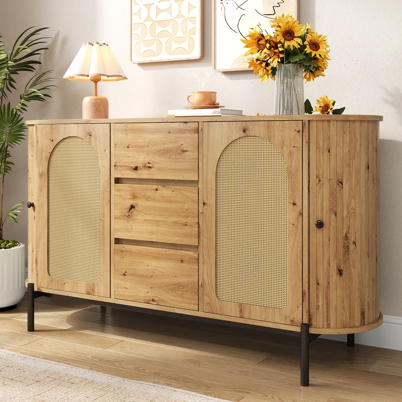 Buffet effet bois 2 portes en rotin et 3 tiroirs 140x 38x77,5cm BIRCHONE