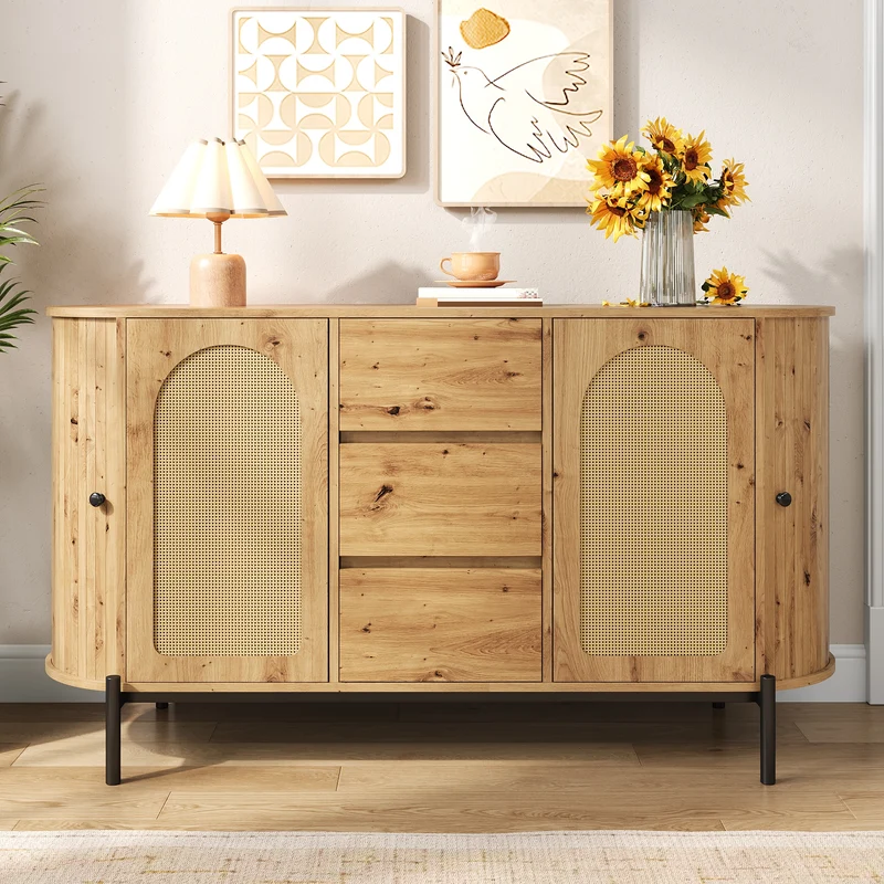 Buffet effet bois 2 portes en rotin et 3 tiroirs 140x 38x77,5cm BIRCHONE