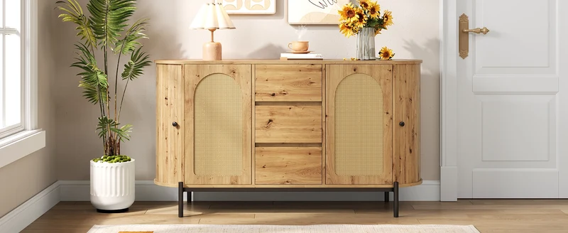 Buffet effet bois 2 portes en rotin et 3 tiroirs 140x 38x77,5cm BIRCHONE