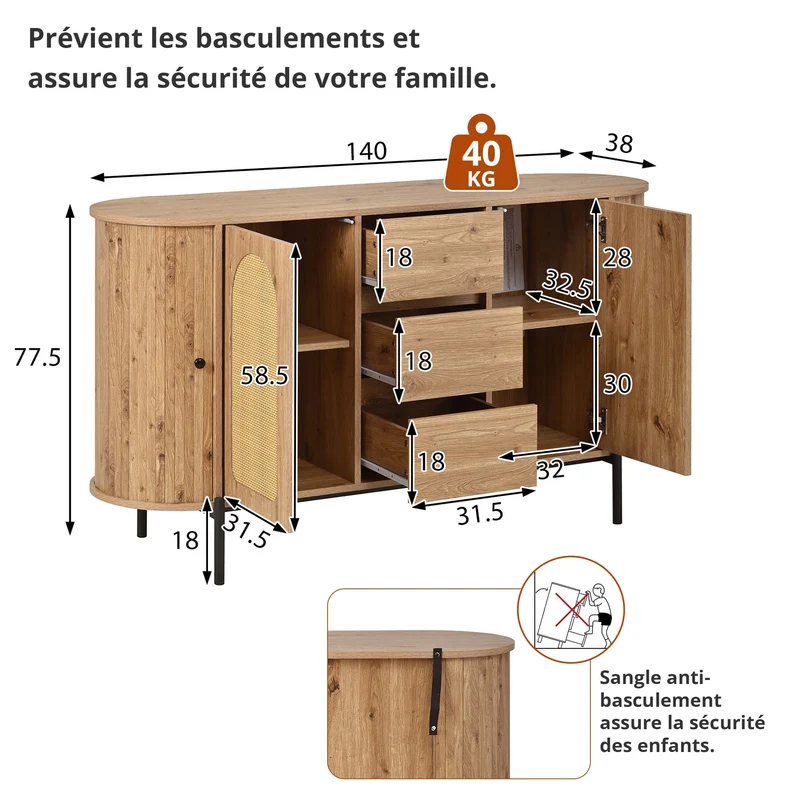 Buffet effet bois 2 portes en rotin et 3 tiroirs 140x 38x77,5cm BIRCHONE