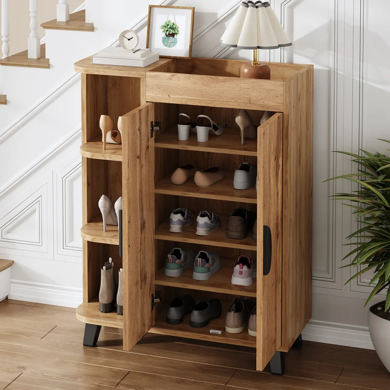 Meuble à chaussures effet bois double portes pieds noirs 80x32x99cm BIRCHCEILING