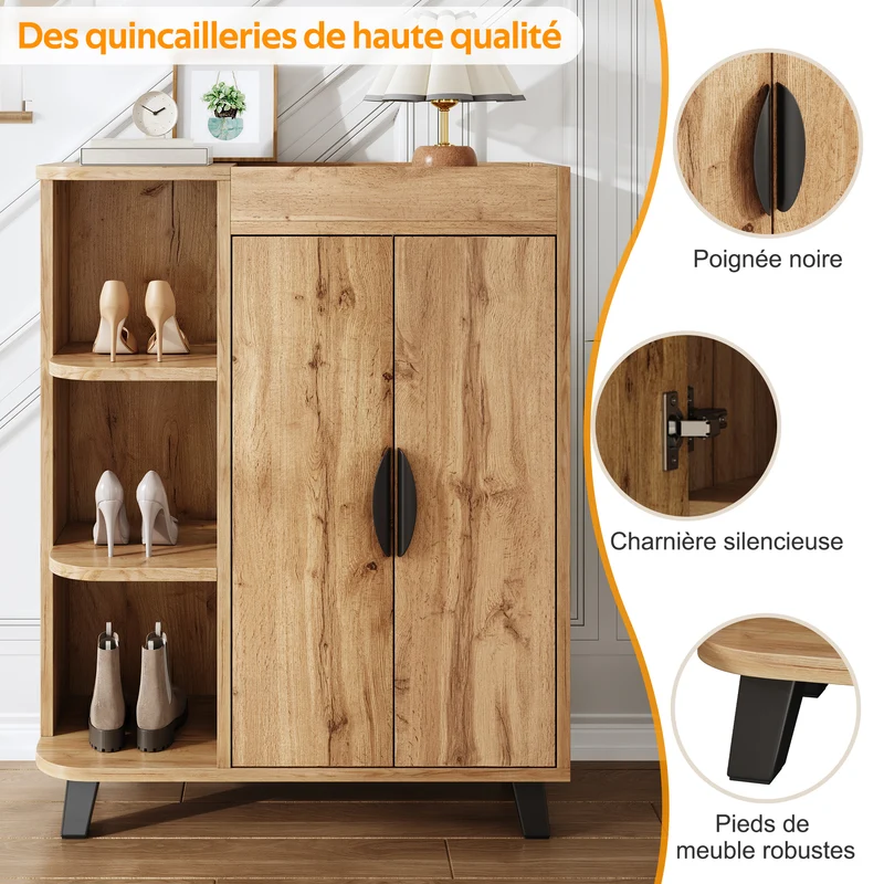 Meuble à chaussures effet bois double portes pieds noirs 80x32x99cm BIRCHCEILING
