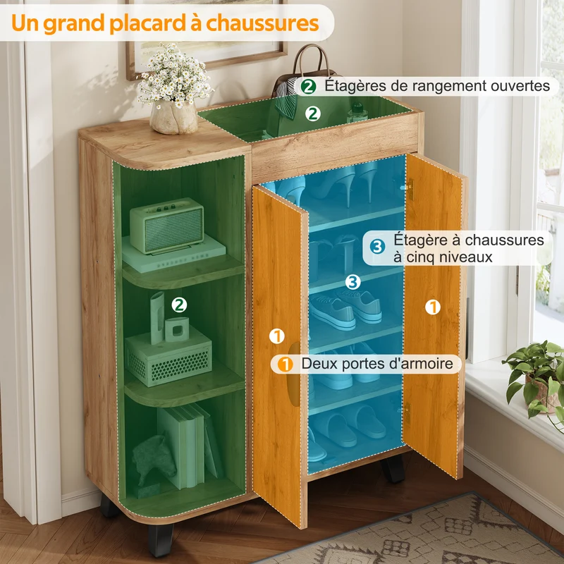 Meuble à chaussures effet bois double portes pieds noirs 80x32x99cm BIRCHCEILING