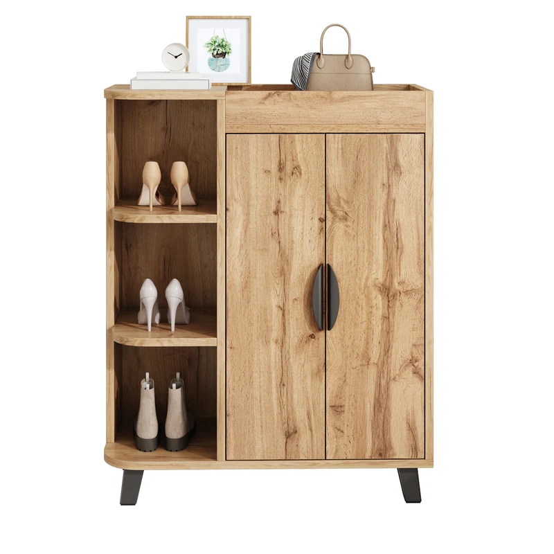 Meuble à chaussures effet bois double portes pieds noirs 80x32x99cm BIRCHCEILING