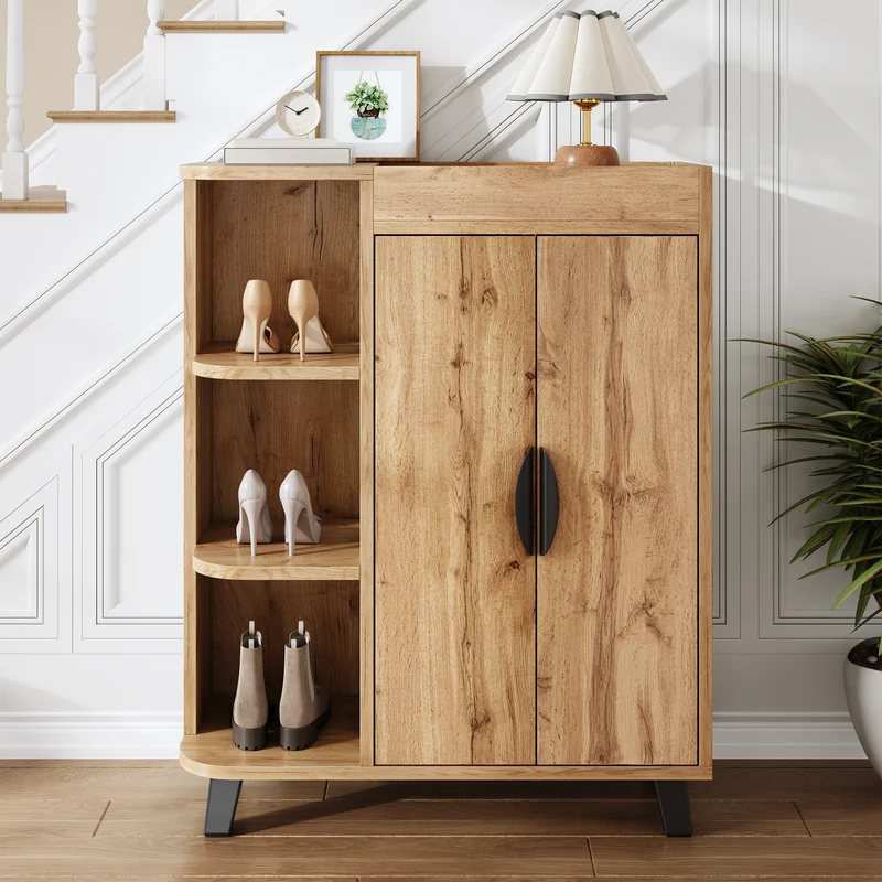 Meuble à chaussures effet bois double portes pieds noirs 80x32x99cm BIRCHCEILING