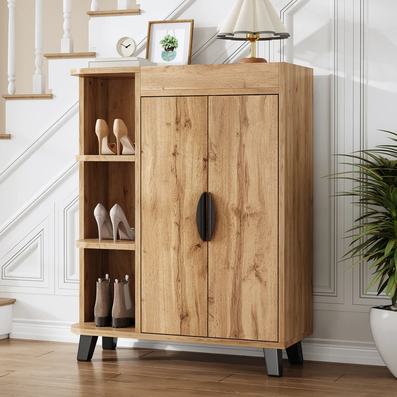 Meuble à chaussures effet bois double portes pieds noirs 80x32x99cm BIRCHCEILING