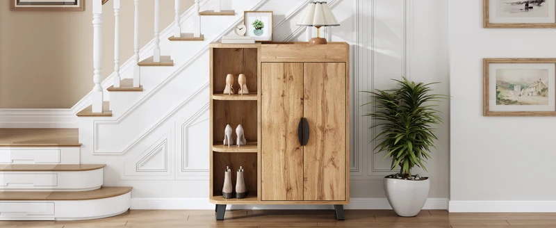 Meuble à chaussures effet bois double portes pieds noirs 80x32x99cm BIRCHCEILING