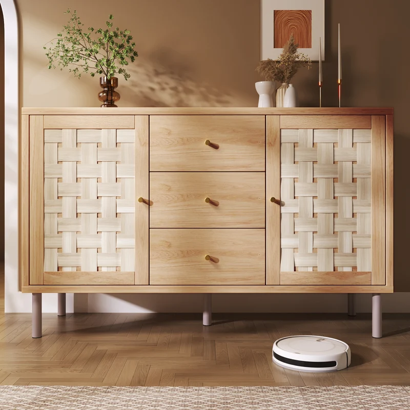 Buffet effet bois chêne 2 portes tressées 3 tiroirs 120x40x75cm BOOKCASEAIR