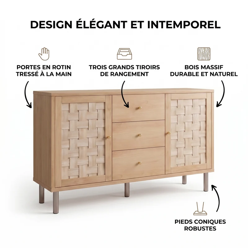 Buffet effet bois chêne 2 portes tressées 3 tiroirs 120x40x75cm BOOKCASEAIR