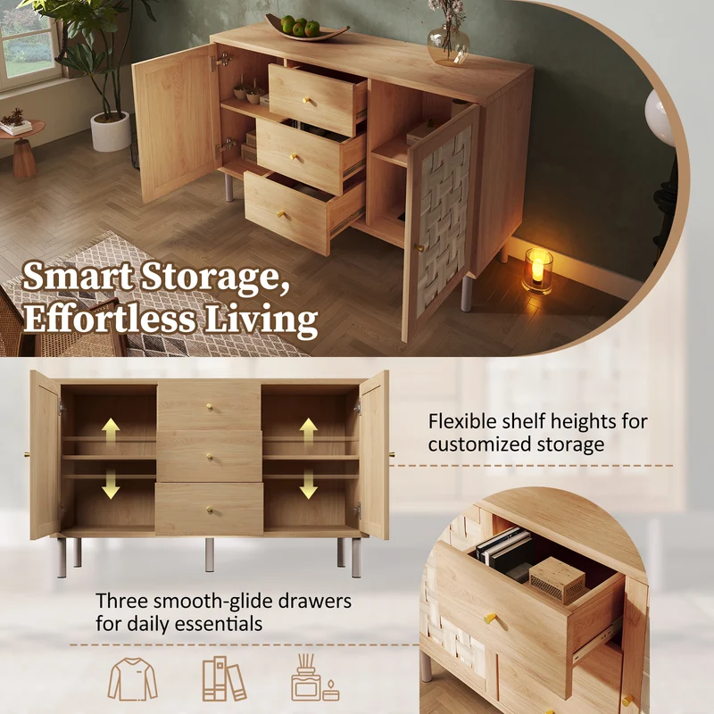 Buffet effet bois chêne 2 portes tressées 3 tiroirs 120x40x75cm BOOKCASEAIR