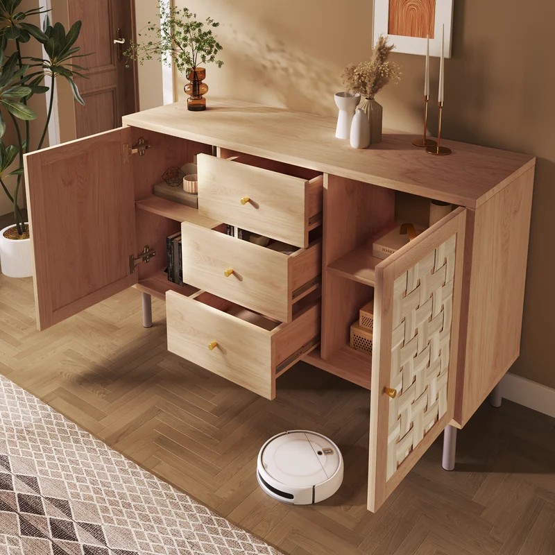 Buffet effet bois chêne 2 portes tressées 3 tiroirs 120x40x75cm BOOKCASEAIR