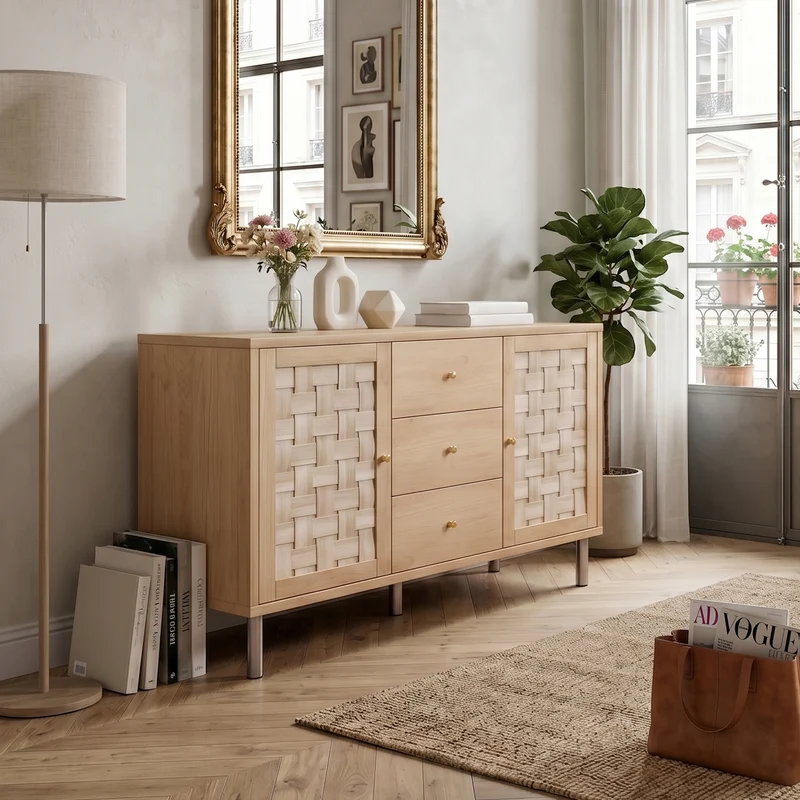 Buffet effet bois chêne 2 portes tressées 3 tiroirs 120x40x75cm BOOKCASEAIR