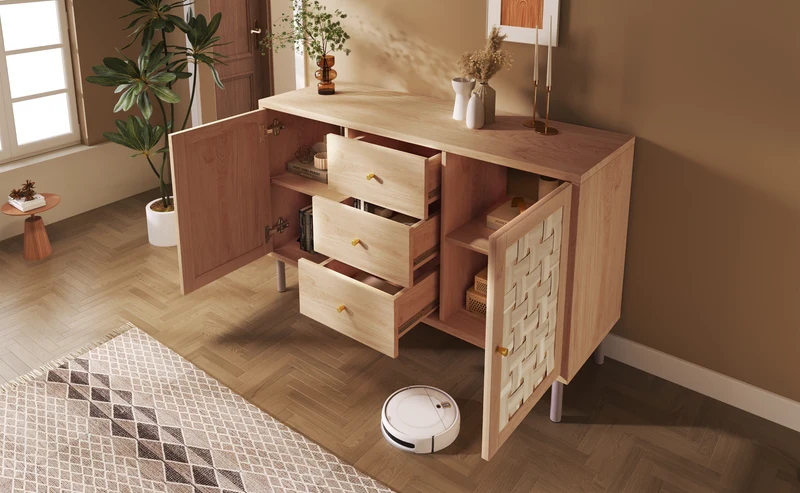 Buffet effet bois chêne 2 portes tressées 3 tiroirs 120x40x75cm BOOKCASEAIR