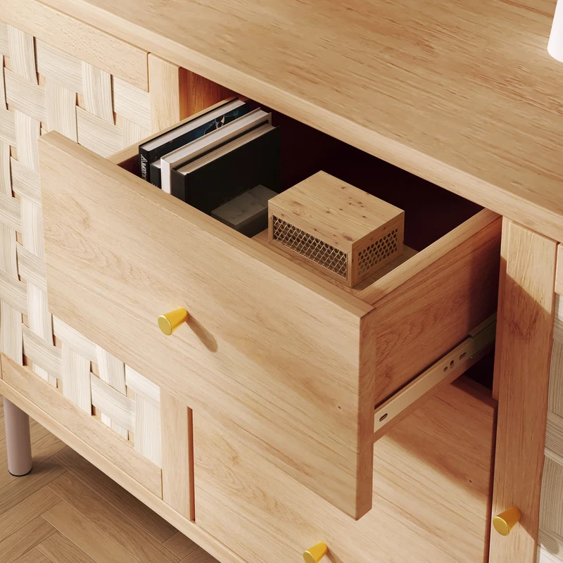 Buffet effet bois chêne 2 portes tressées 3 tiroirs 120x40x75cm BOOKCASEAIR