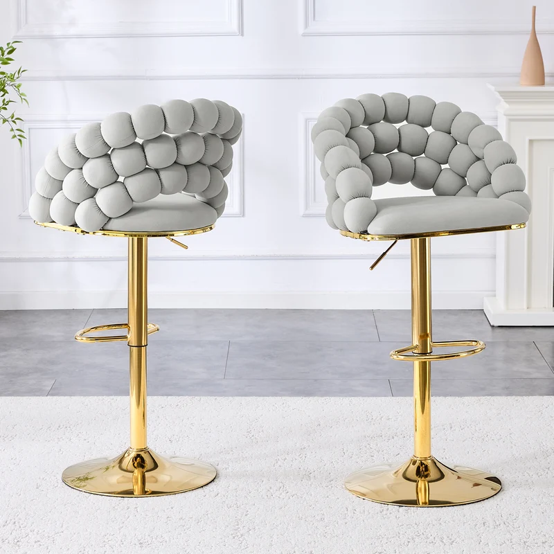 Lot de 2 tabourets de bar en velours gris clair dossier tréssé chaîne, hauteur réglable, pied doré BOOKCASEELITE