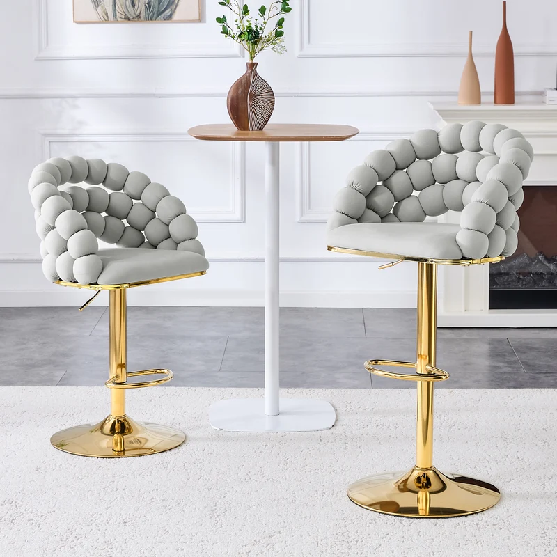 Lot de 2 tabourets de bar en velours gris clair dossier tréssé chaîne, hauteur réglable, pied doré BOOKCASEELITE