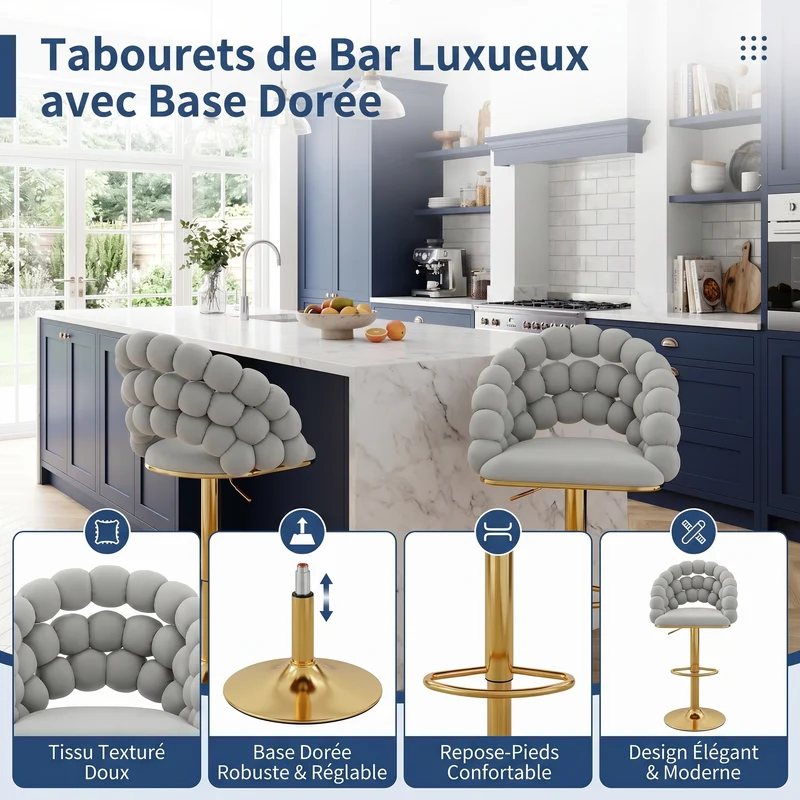 Lot de 2 tabourets de bar en velours gris clair dossier tréssé chaîne, hauteur réglable, pied doré BOOKCASEELITE