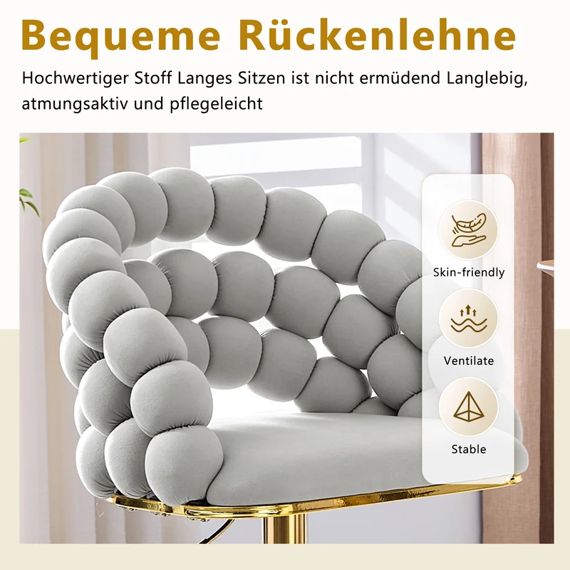 Lot de 2 tabourets de bar en velours gris clair dossier tréssé chaîne, hauteur réglable, pied doré BOOKCASEELITE