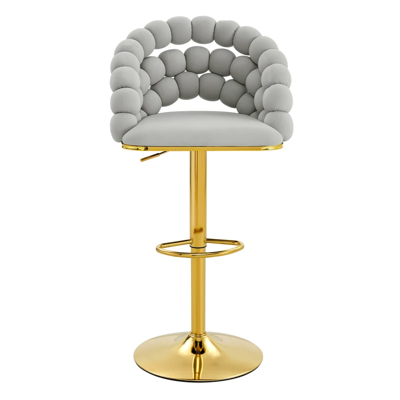 Lot de 2 tabourets de bar en velours gris clair dossier tréssé chaîne, hauteur réglable, pied doré BOOKCASEELITE