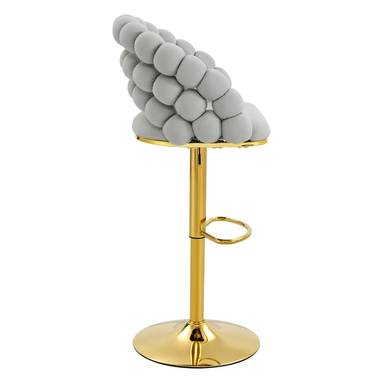 Lot de 2 tabourets de bar en velours gris clair dossier tréssé chaîne, hauteur réglable, pied doré BOOKCASEELITE