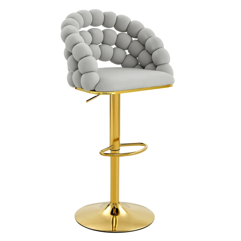 Lot de 2 tabourets de bar en velours gris clair dossier tréssé chaîne, hauteur réglable, pied doré BOOKCASEELITE