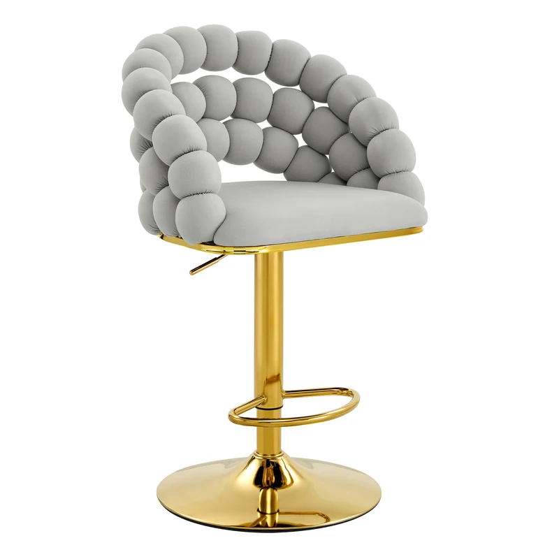 Lot de 2 tabourets de bar en velours gris clair dossier tréssé chaîne, hauteur réglable, pied doré BOOKCASEELITE