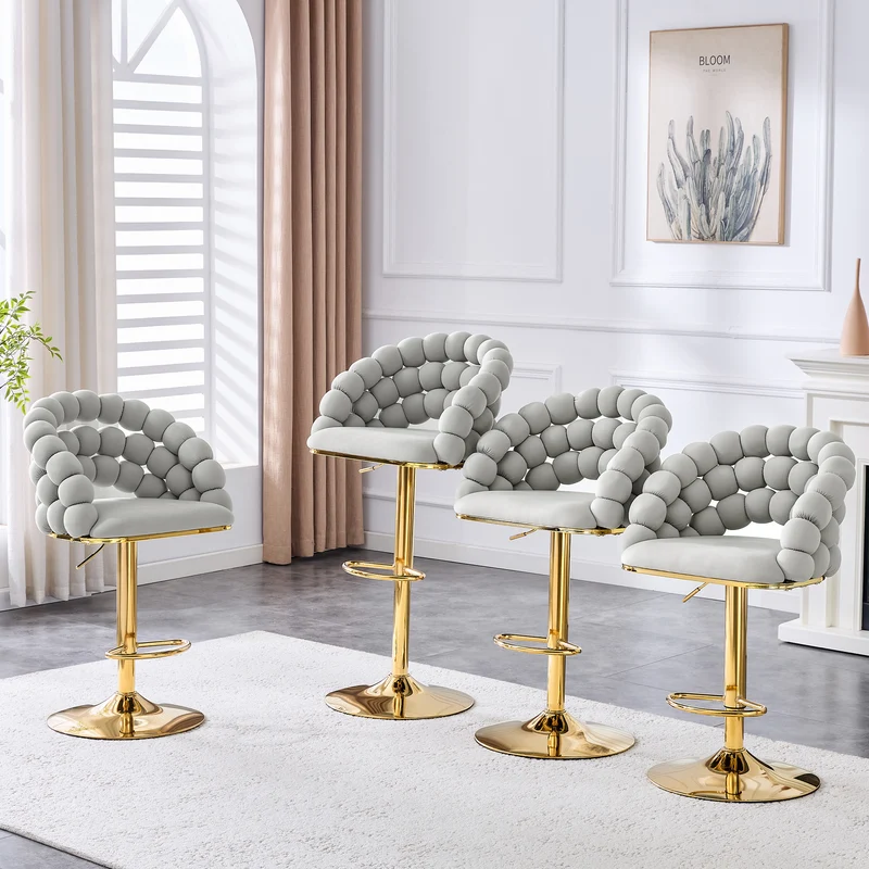 Lot de 2 tabourets de bar en velours gris clair dossier tréssé chaîne, hauteur réglable, pied doré BOOKCASEELITE