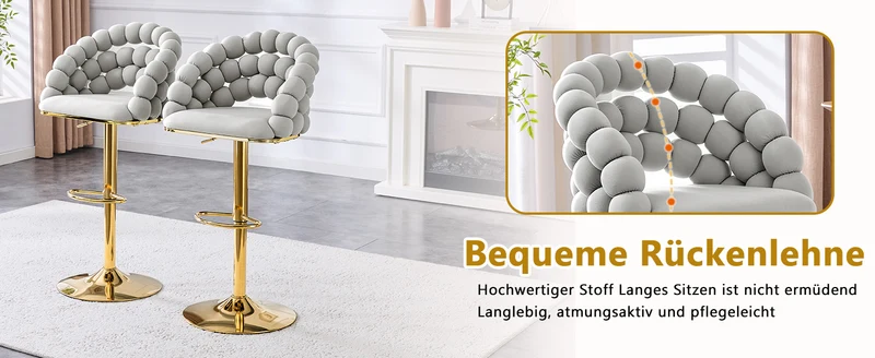 Lot de 2 tabourets de bar en velours gris clair dossier tréssé chaîne, hauteur réglable, pied doré BOOKCASEELITE