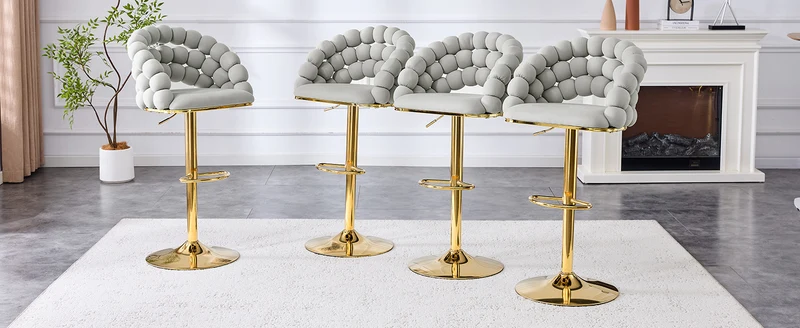 Lot de 2 tabourets de bar en velours gris clair dossier tréssé chaîne, hauteur réglable, pied doré BOOKCASEELITE