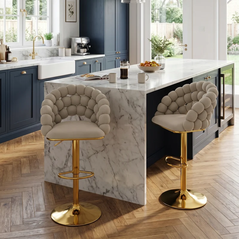 Lot de 2 tabourets de bar en velours gris dossier tréssé chaîne, hauteur réglable, pied doré BOOKCASEFLOW