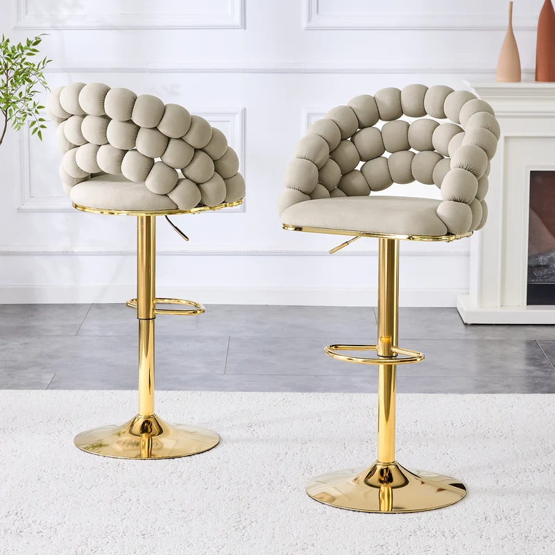 Lot de 2 tabourets de bar en velours gris dossier tréssé chaîne, hauteur réglable, pied doré BOOKCASEFLOW