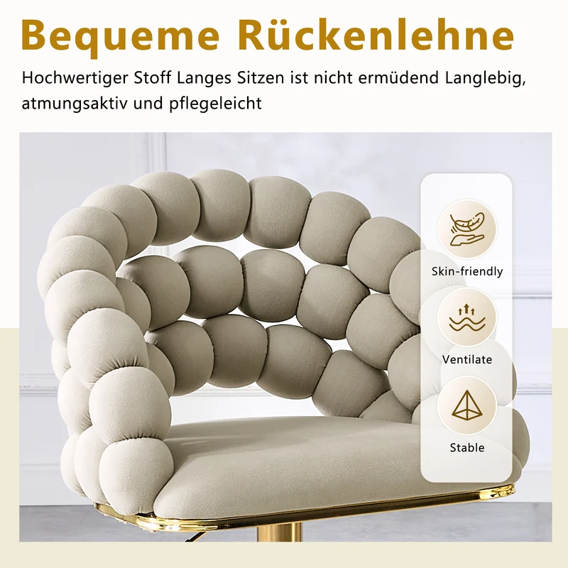 Lot de 2 tabourets de bar en velours gris dossier tréssé chaîne, hauteur réglable, pied doré BOOKCASEFLOW