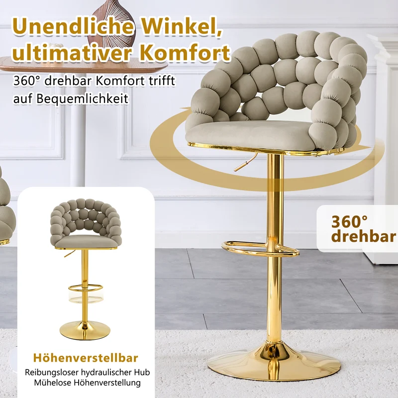 Lot de 2 tabourets de bar en velours gris dossier tréssé chaîne, hauteur réglable, pied doré BOOKCASEFLOW